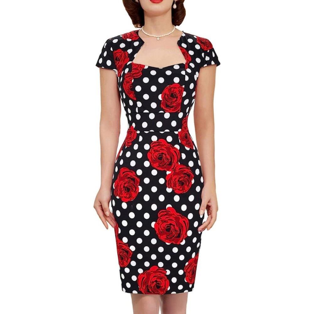 GRACE KARIN Pencil Dress Size M Red Black Rose Polka Dot Cap Sleeve Bodycon NWT